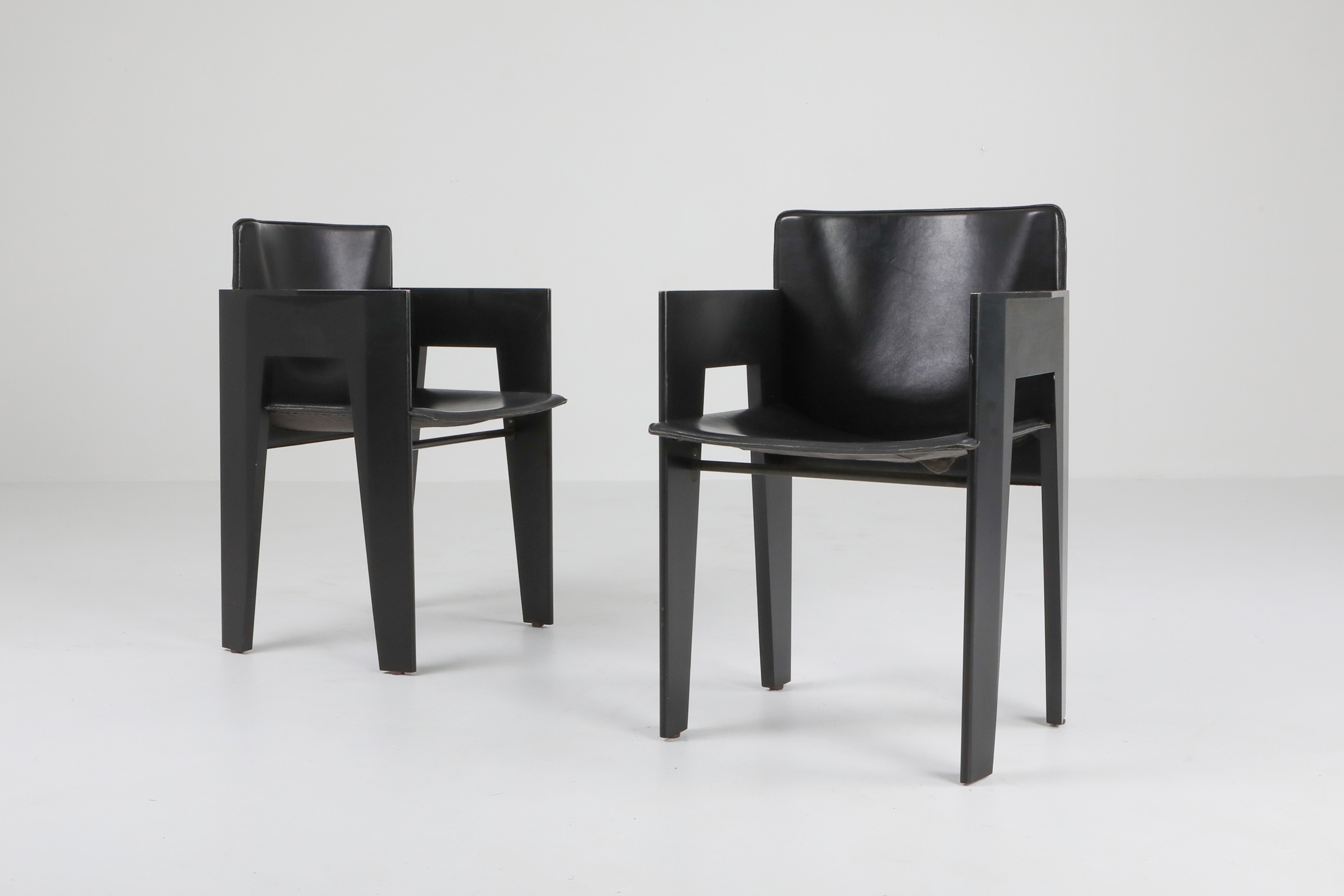 Black Oak and Leather Arco Dining Chairs - 1980s