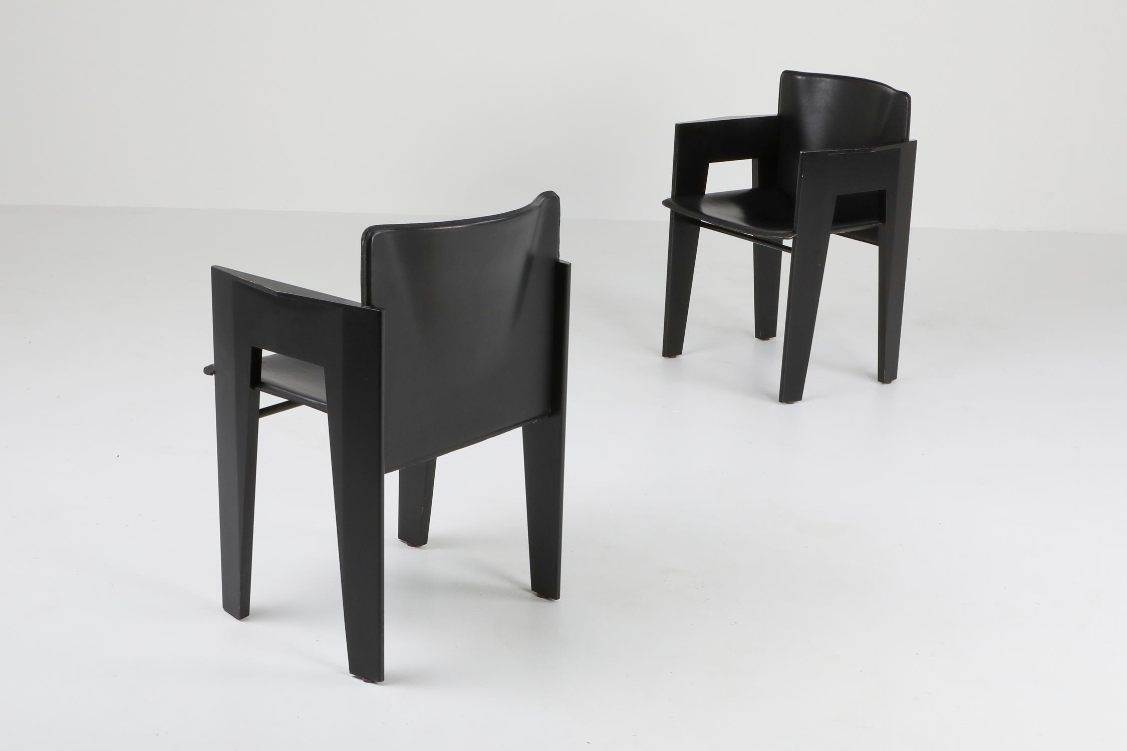 Black Oak and Leather Arco Dining Chairs - 1980s