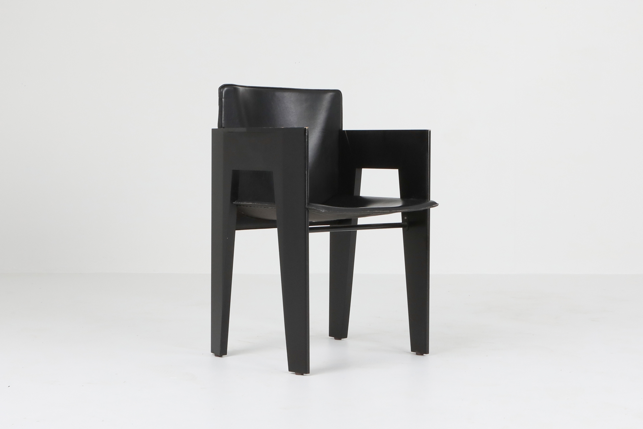 Black Oak and Leather Arco Dining Chairs - 1980s