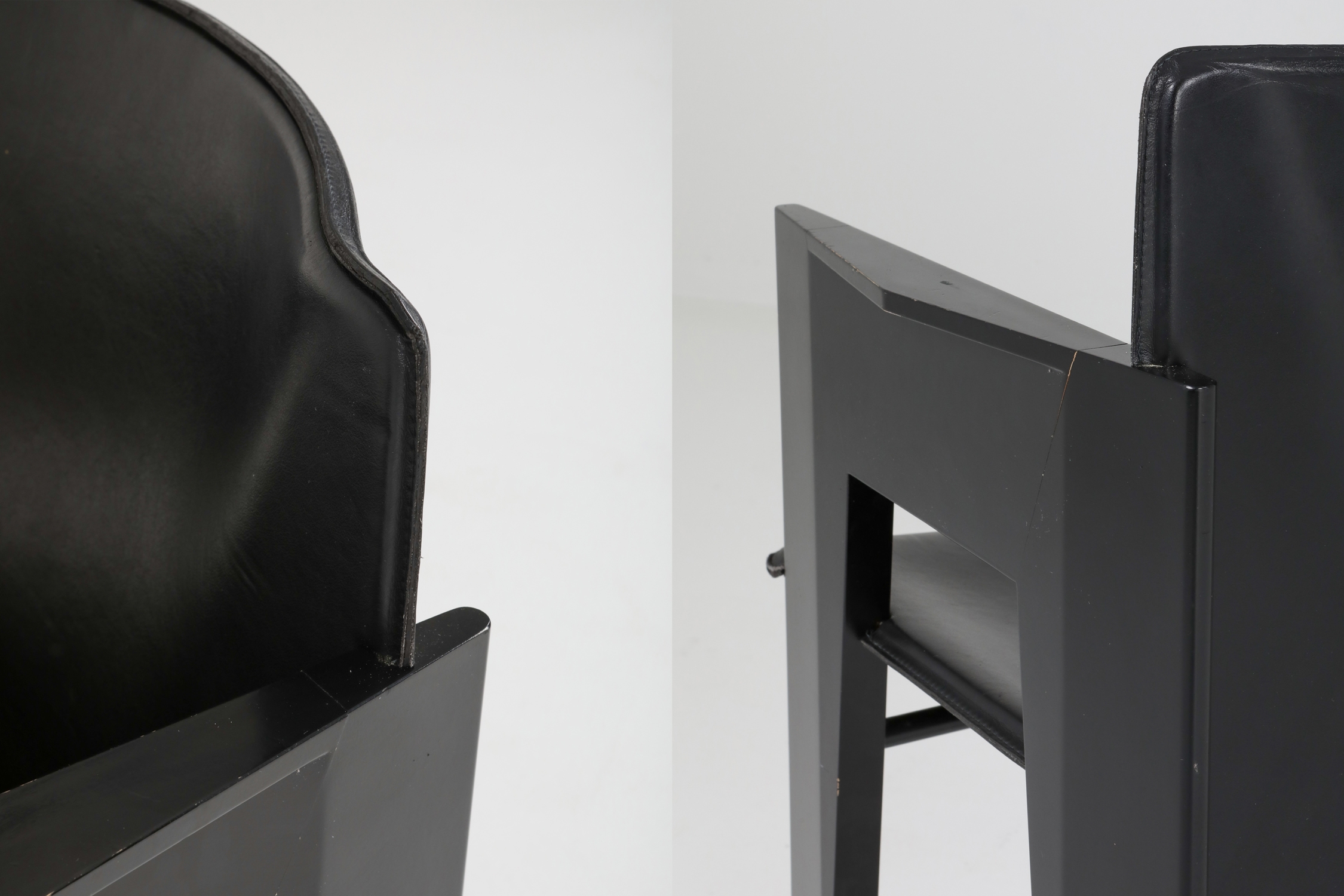 Black Oak and Leather Arco Dining Chairs - 1980s