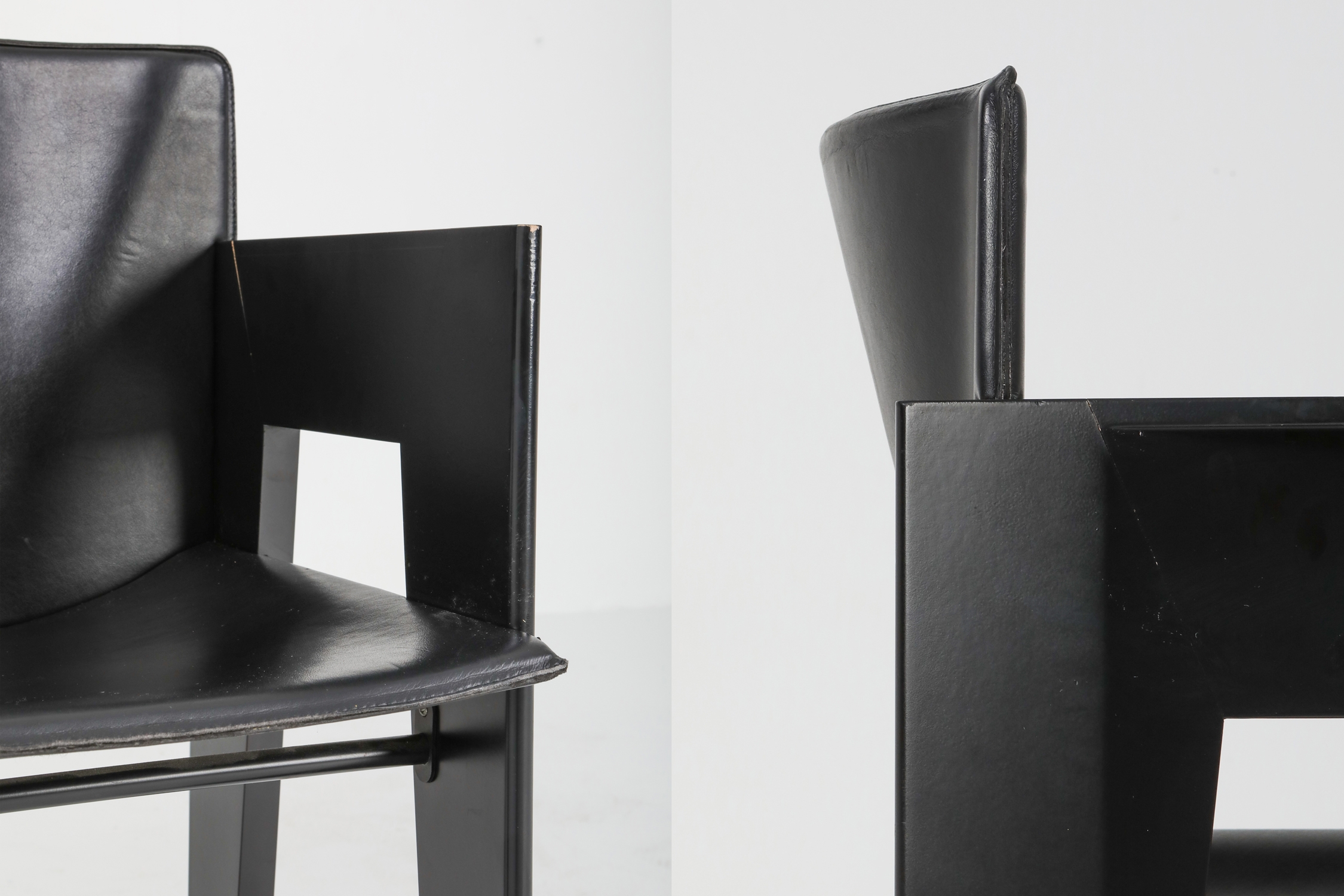 Black Oak and Leather Arco Dining Chairs - 1980s