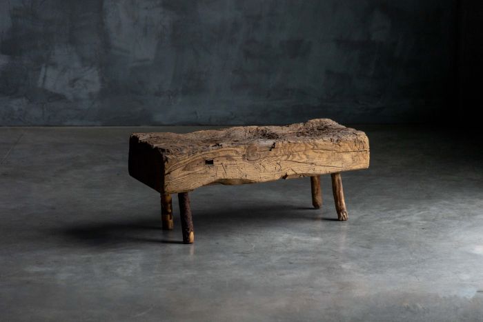 Brutalist folk art bench dated 1899 in solid wood