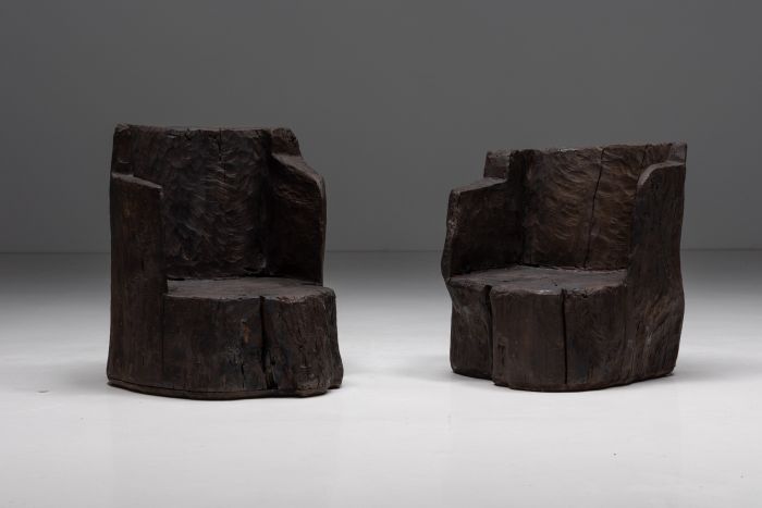 Brutalist monoxylite armchairs from the 1980s
