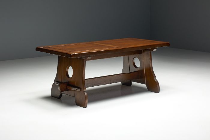 Brutalist rustic Alpine dining table in stained oak 1970s
