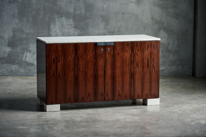 Carrara marble and rosewood cabinet by De Coene from the 1960s