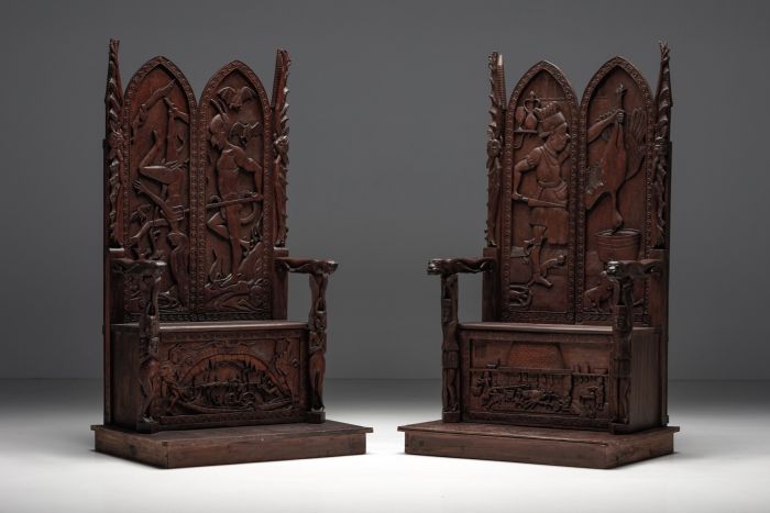 Carved throne chair with relief design from the twentieth century