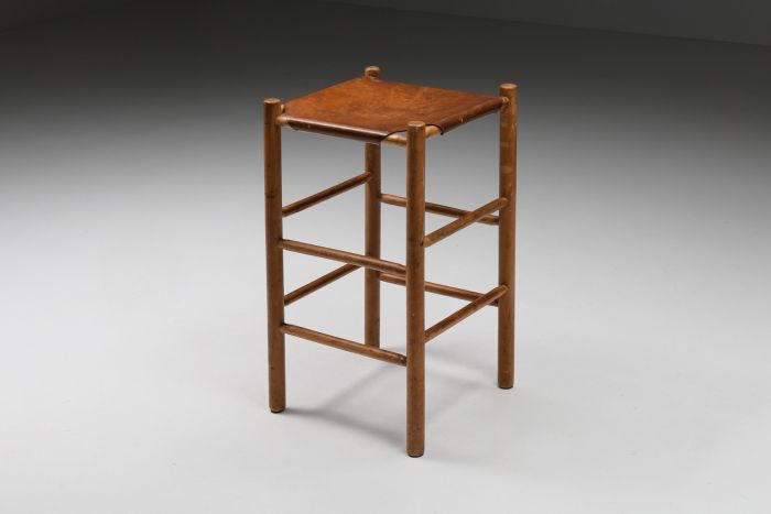 French wood and leather barstool from the 1950s