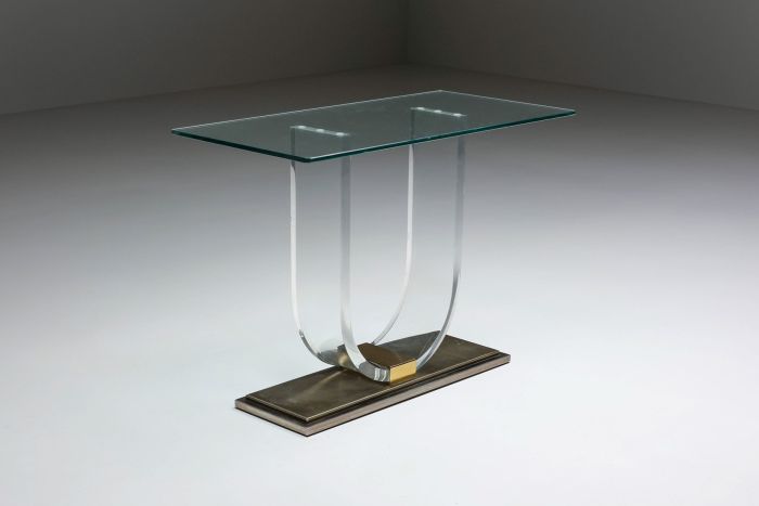 Lucite & Brass Console Table for Belgo Chrome - 1970s