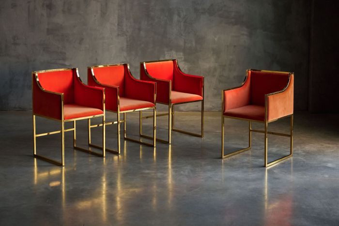 Maison Jansen dining armchairs in brass and orange velvet from the 1980s