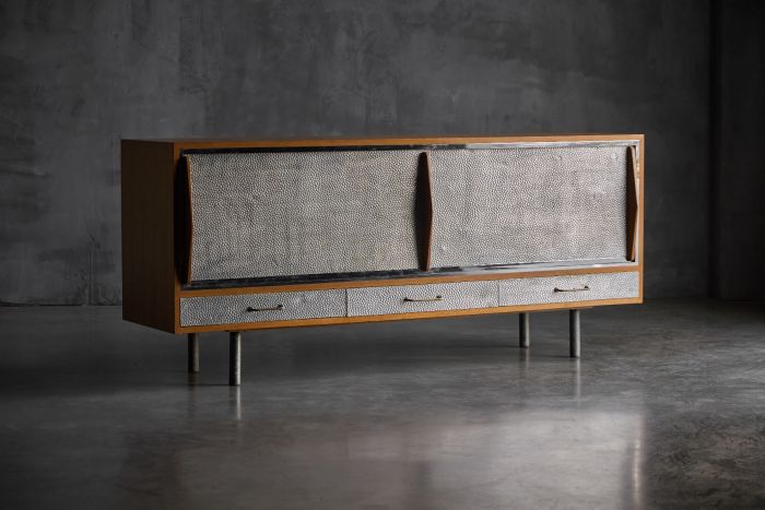 Mid century modern sideboard with hammered metal facade from the 1960s