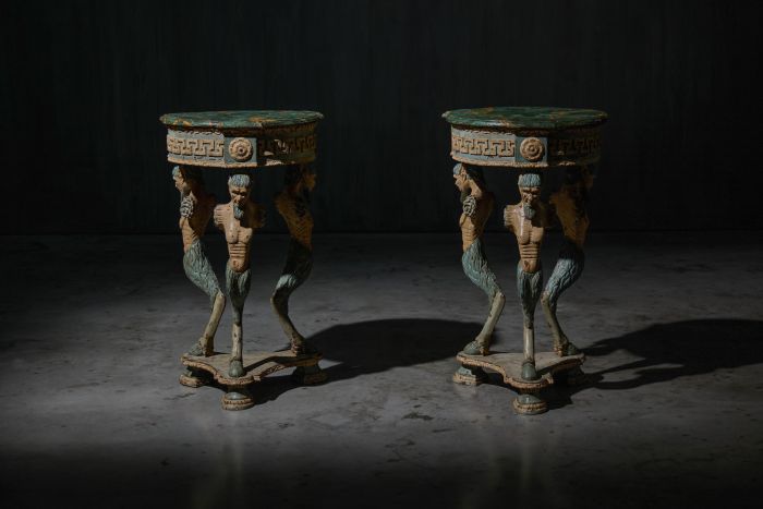 Neoclassical tripod gueridon tables with satyr supports from the early 19th century