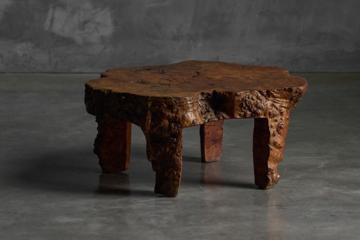 Organic burl wood coffee table from the 1950s with natural irregularities and rich grain 