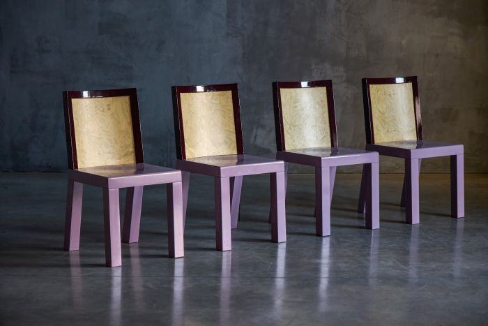 Pink postmodern dining chairs designed by Ettore Sottsass for Leitner in the 1980s
