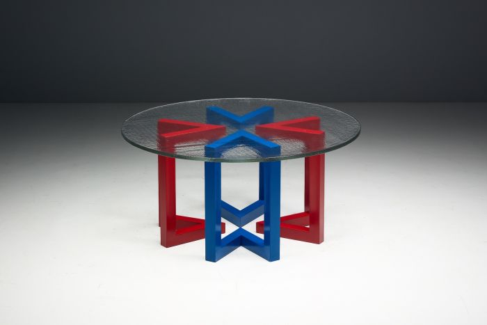 Postmodern dining table with hand blown glass top from the 1980s
