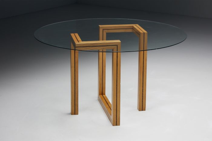 Postmodern round glass dining table from the 1970s