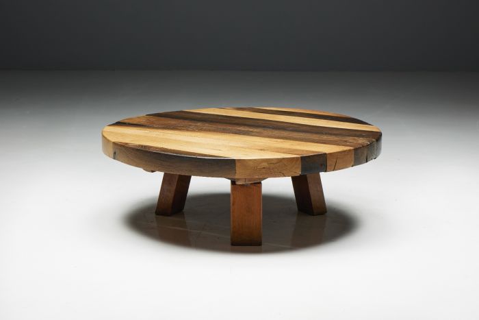 Round artisan wooden coffee table from the 1950s