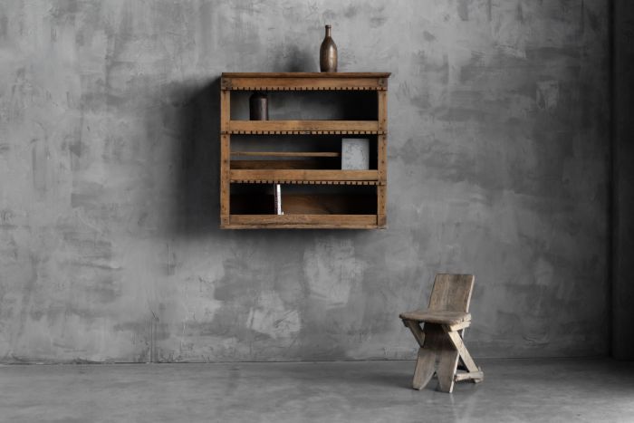 Rustic Art Populaire wall mounted shelf from France, 19th century with open compartments
