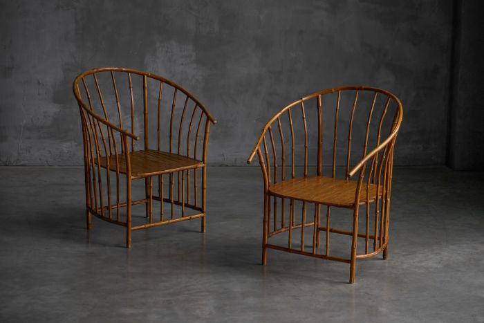 Rustic wabi sabi bamboo armchairs from the 1970s