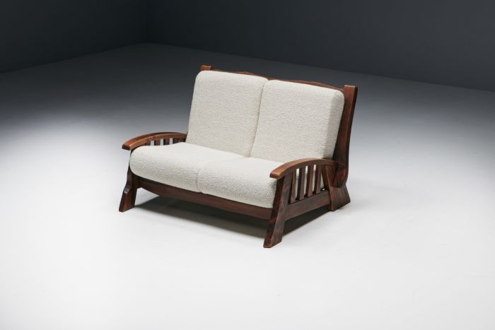 Walnut rustic modern chalet sofa in Pierre Frey boucle from the 1960s