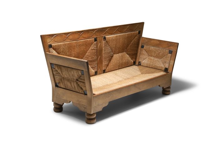 Scandinavian Arts & Crafts Sofa Bench in Oak and Straw - 1920s