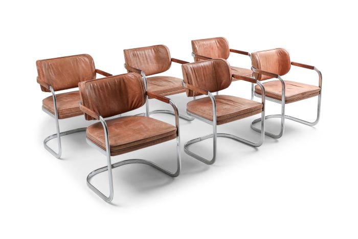 Cognac Leather Armchairs Set of 6 by Knoll - 1970s