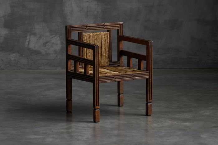 Art Deco Wooden Armchair with Rush Seat, France – 1920s