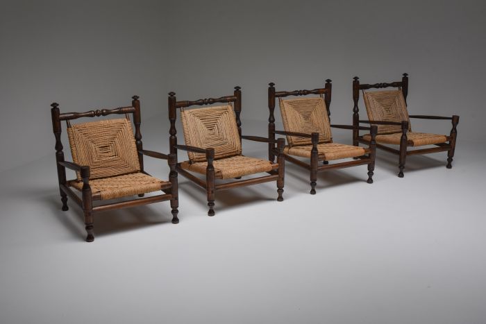 Rustic Modern French Rush Armchair In Stained Wood - 1970s