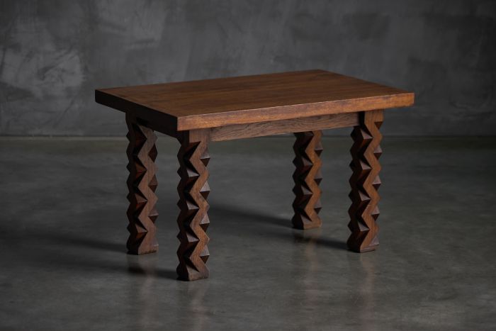 Brutalist Carved Wood Side Table, France - 1960s