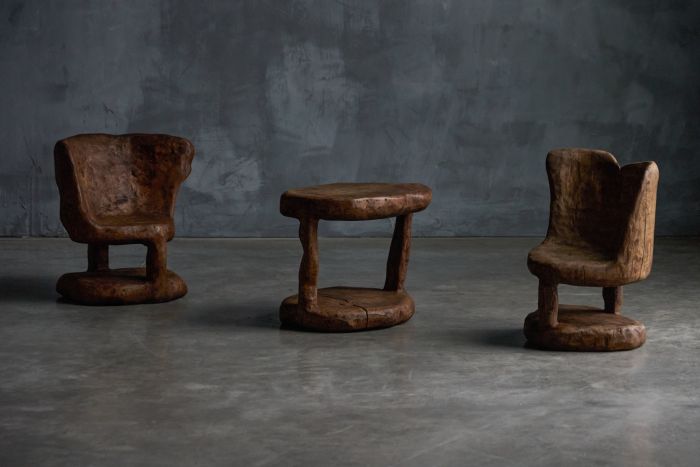 Brutalist Monoxyle Side Table and Chairs - 1980s