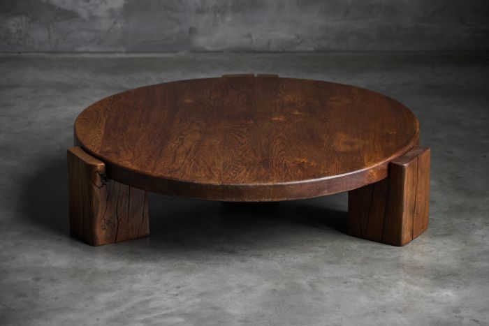 Brutalist Round Oak Coffee Table - Mid-20th Century