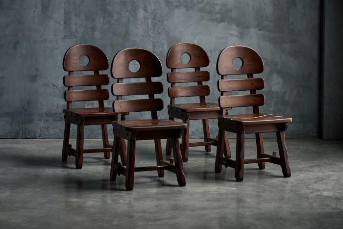 Brutalist Rustic Alpine Dining Chairs in Stained Oak - 1970s