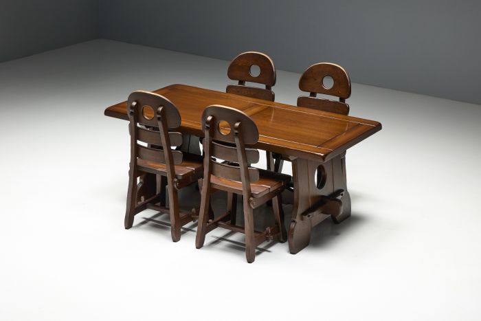 Brutalist Rustic Alpine Dining Set in Stained Oak - 1970s