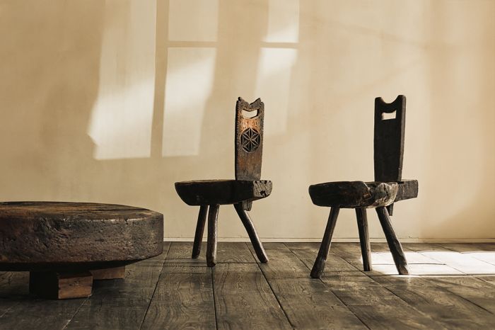 Brutalist wabi sabi tripod alpine chairs from the nineteenth century