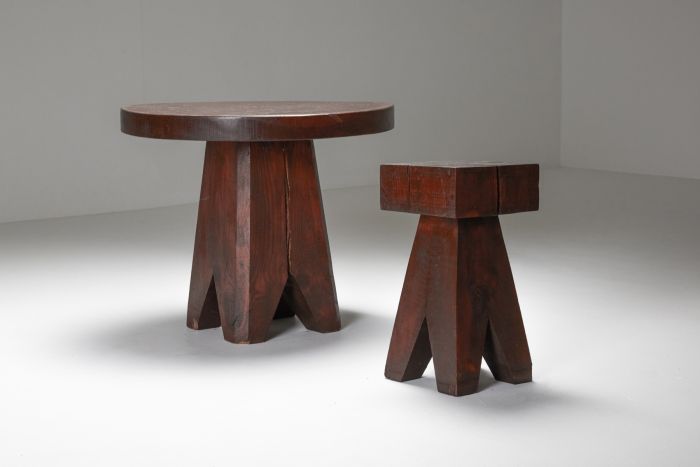 Brutalist Wooden Stool & Coffee Table - 1950's