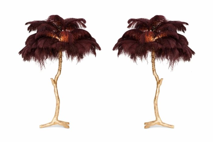 Golden Feathered Tree Lamp in Aubergine