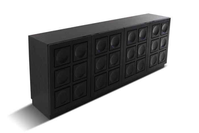 Brutalist Ebonized Oak Credenza with Geometrical Doors - 1970s