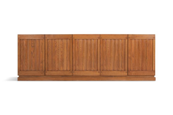 Brutalist Natural Oak Credenza With Geometric Door Panels - 1970s