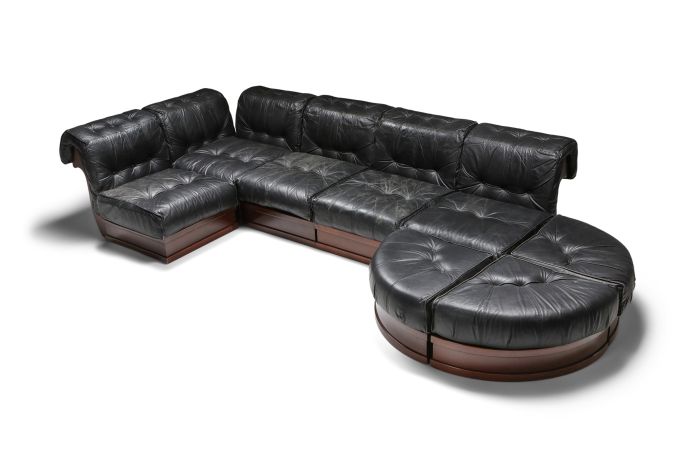 Sectional Sofa in Black Leather and Mahogany by Luciano Frigerio - 1970s