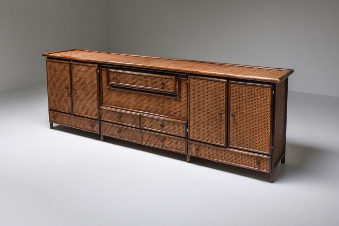 Bamboo & Cane Credenza with Multiple Drawers, Italy - 1970's