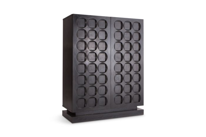Brutalist Stained Oak High Cabinet with Graphic Door Panels - 1950s