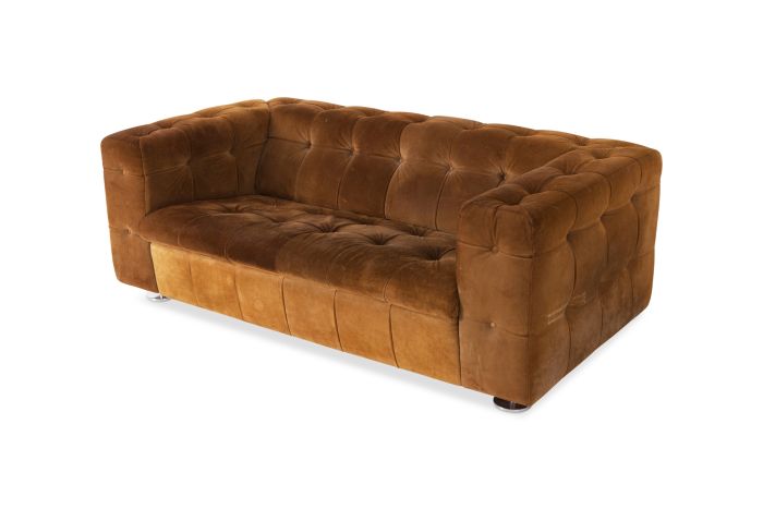 Tufted Camel Suede Vintage Two Seater On Chrome Feet - 1970s