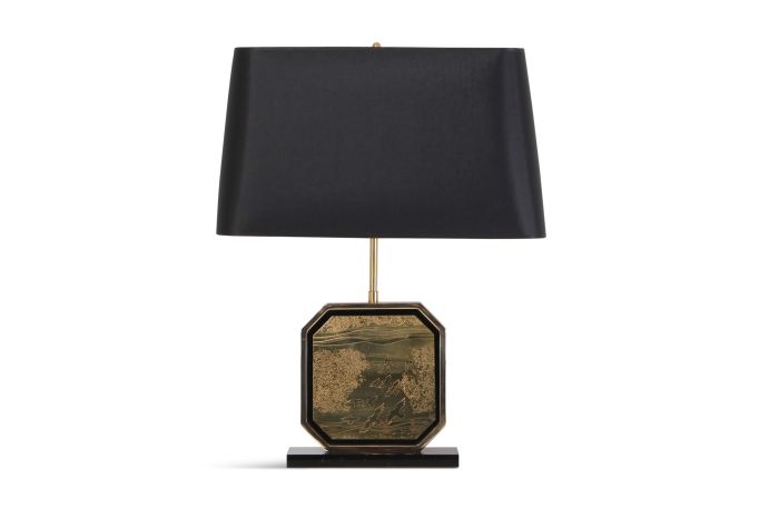 Hollywood Regency Table Lamp in 24-Karat Gold and Brass Etched Artwork by Maho - 1970s