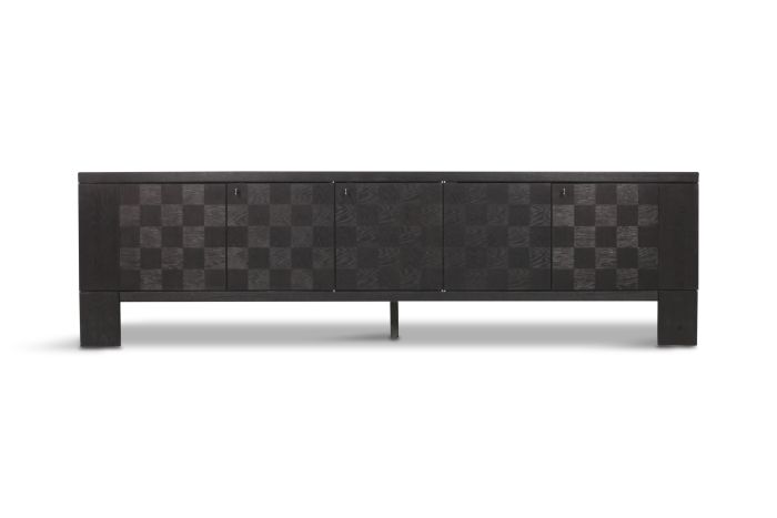 Brutalist Floating Credenza in Stained Oak with Geometric Doors by De Coene - 1970s