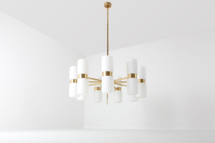 Hans-Agne Jakobsson Brass and Milky Opaline Glass Chandelier - 1960's