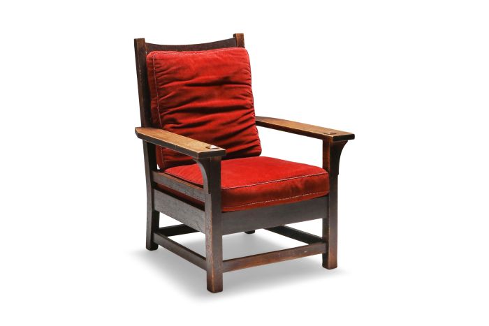 Gustav Stickley Oak Armchair with Red Velvet - 1900s