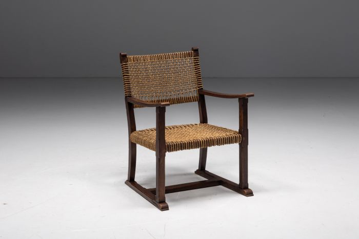 Rustic Easy Chair in Solid Wood and Rope - 1930s