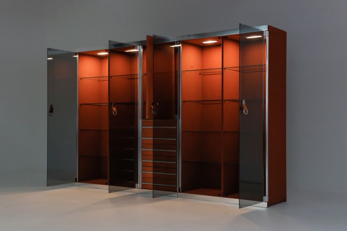 Italian design dresser in cognac leather, chrome and black glass for Hermès - 1970s