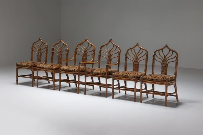 Italian Bamboo Dining Chairs Set With Floral Seating - 1970's