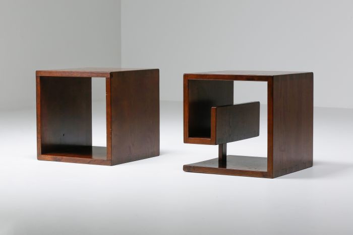 Italian design stained oak cubic side tables - 1970's
