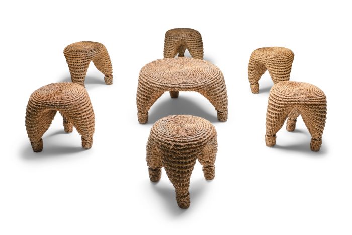 Rustic Modern Woven Coffee Table and Stools Set, Europe - 1970's